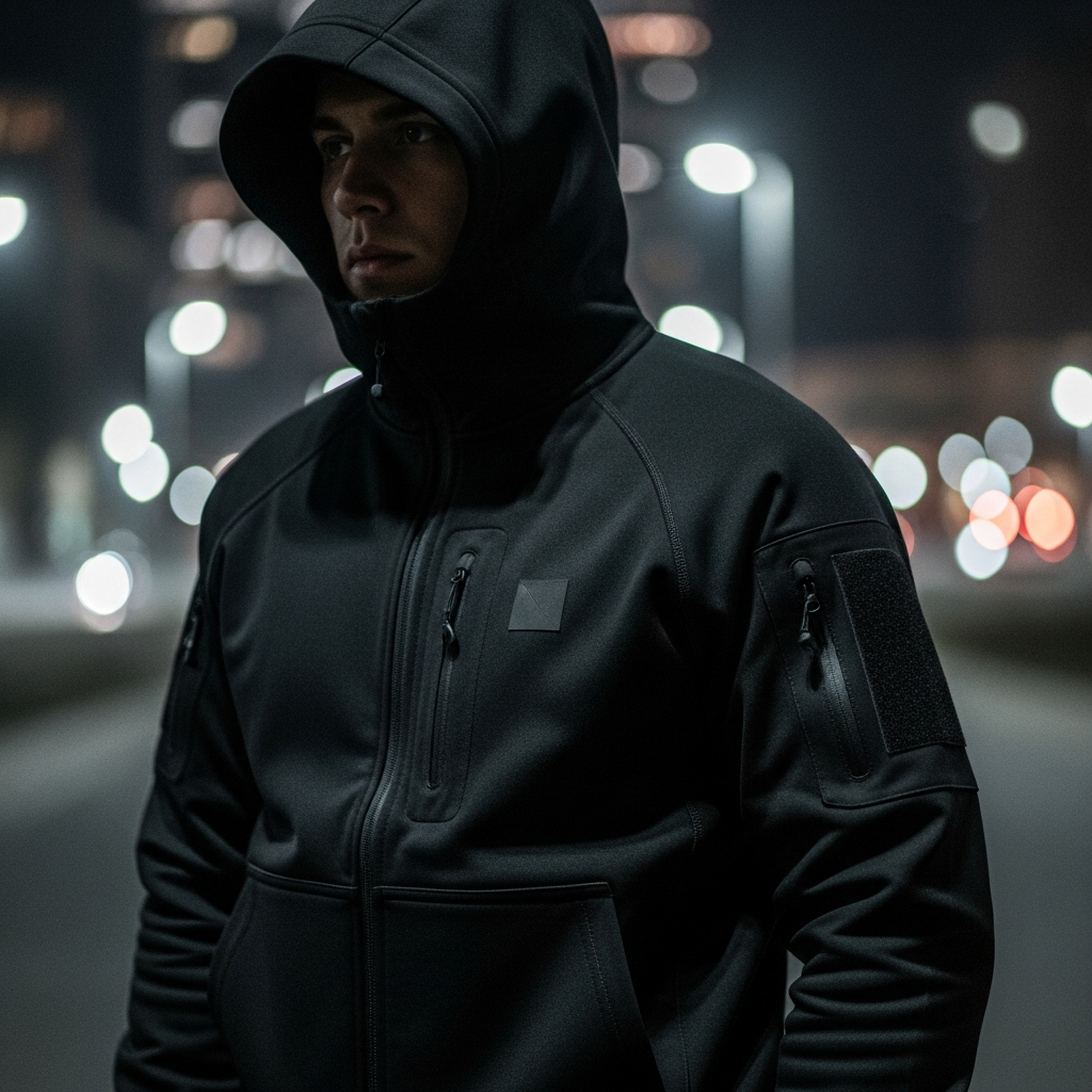 Stealth black tactical hoodie with concealed pockets